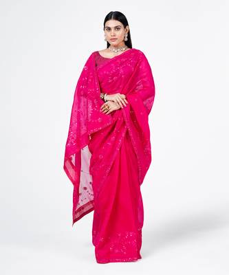 Hot pink embroidered jal saree 2