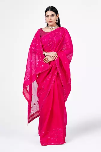 Hot pink embroidered jal saree