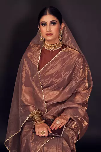 Copper zari-line chanderi tissue silk saree