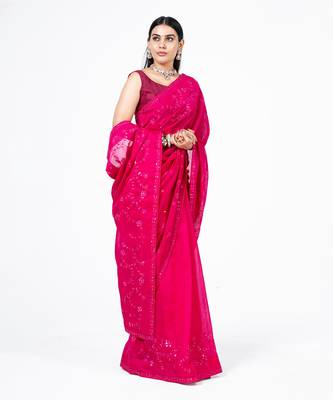 Hot pink embroidered jal saree 3