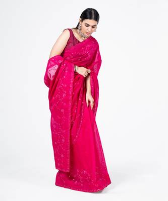 Hot pink embroidered jal saree 4