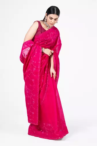 Hot pink embroidered jal saree