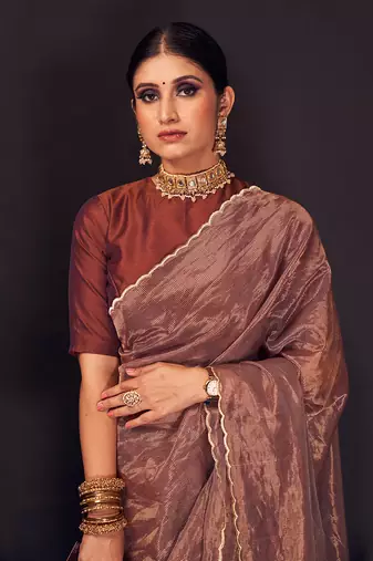 Copper zari-line chanderi tissue silk saree