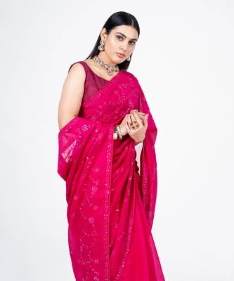 Hot pink embroidered jal saree 5