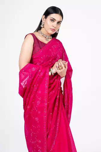 Hot pink embroidered jal saree