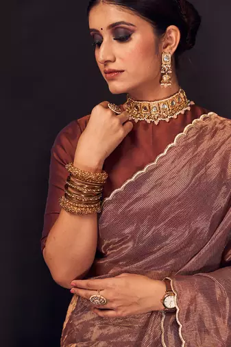 Copper zari-line chanderi tissue silk saree