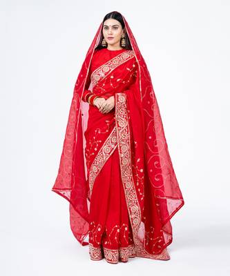 Red embroidered chanderi silk bridal saree 1