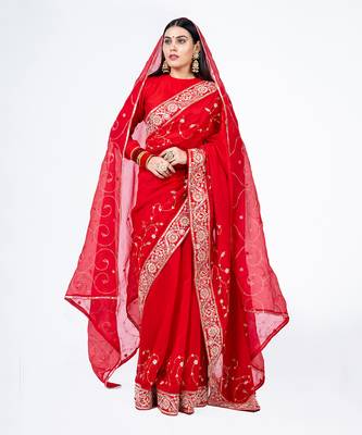 Red embroidered chanderi silk bridal saree 2