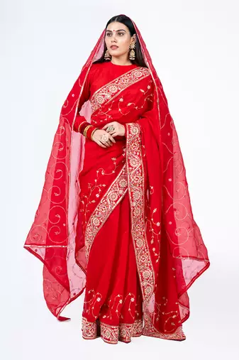 Red embroidered chanderi silk bridal saree