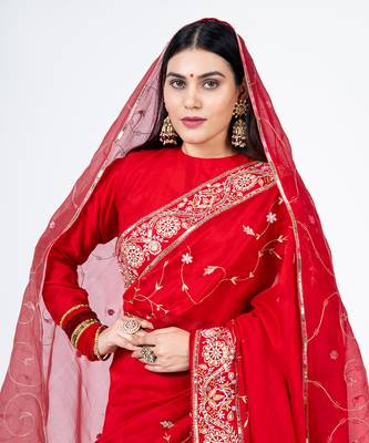 Red embroidered chanderi silk bridal saree 3