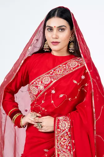Red embroidered chanderi silk bridal saree