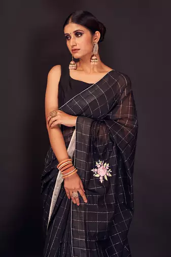 Black embroidered chanderi silk  saree