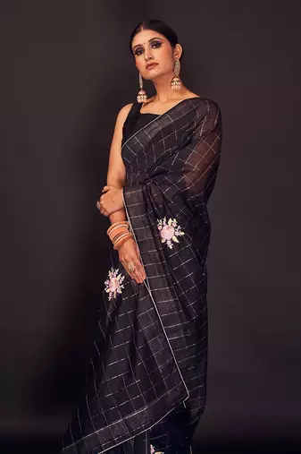 Black embroidered chanderi silk  saree