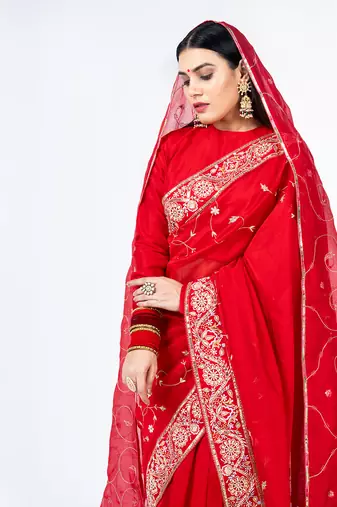 Red embroidered chanderi silk bridal saree