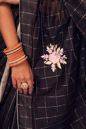 Black embroidered chanderi silk  saree