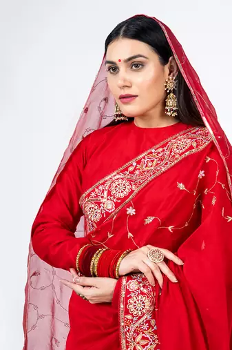 Red embroidered chanderi silk bridal saree