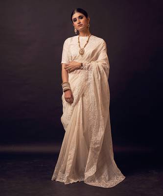 White hand embroidered silk checks saree 1