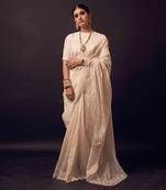 White hand embroidered silk checks saree