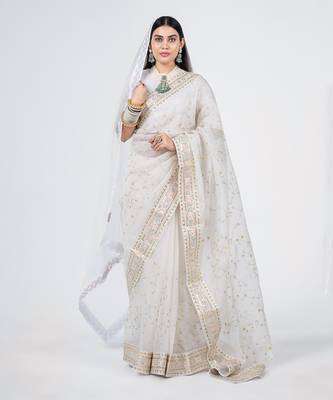 Royal white organza silk bridal saree 1