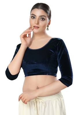 SALWAR STUDIO Women's Navy Blue Solid Stretchable Saree Blouse 1