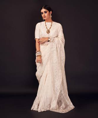 White hand embroidered silk checks saree 2