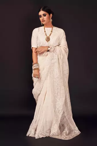 White hand embroidered silk checks saree