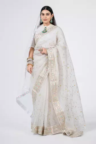 Royal white organza silk bridal saree