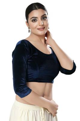 SALWAR STUDIO Women's Navy Blue Solid Stretchable Saree Blouse 3