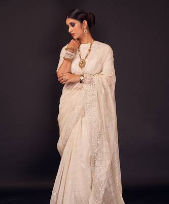 White hand embroidered silk checks saree 3