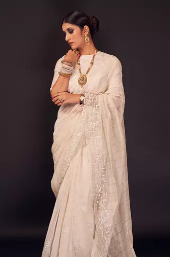 White hand embroidered silk checks saree