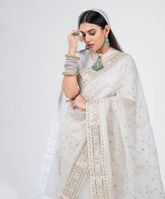 Royal white organza silk bridal saree 3