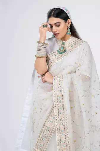 Royal white organza silk bridal saree