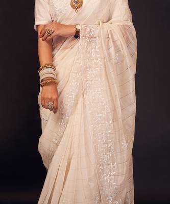 White hand embroidered silk checks saree 4