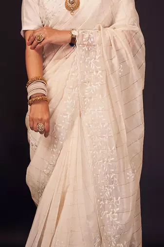 White hand embroidered silk checks saree