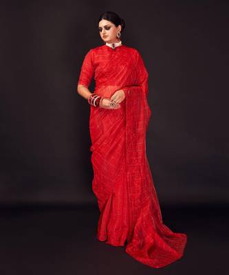 Red hand-embroidery checks silk saree 1
