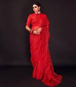 Red hand-embroidery checks silk saree