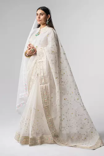 Royal white organza silk bridal saree