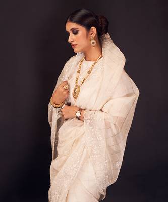 White hand embroidered silk checks saree 5