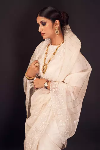 White hand embroidered silk checks saree