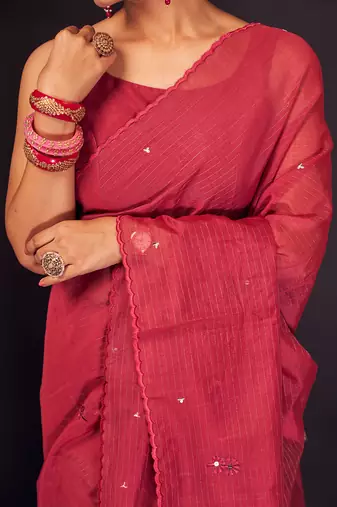 Magenta zari lining chaderi silk  saree