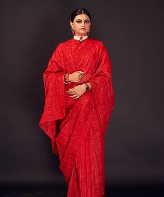 Red hand-embroidery checks silk saree 2