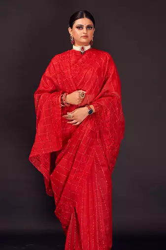 Red hand-embroidery checks silk saree