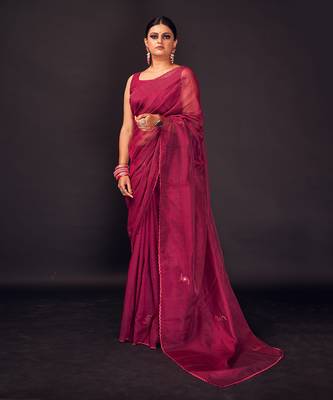 Dark magenta embroidered chanderi silk  saree 1