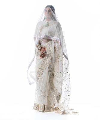 Royal white organza silk bridal saree 5