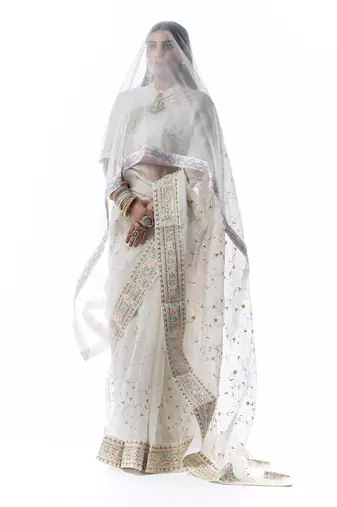 Royal white organza silk bridal saree