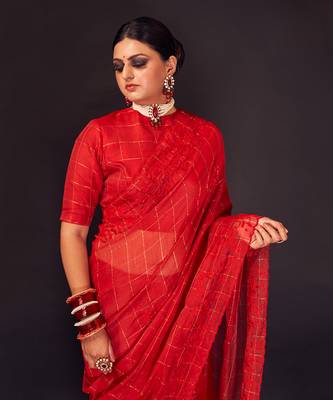Red hand-embroidery checks silk saree 3