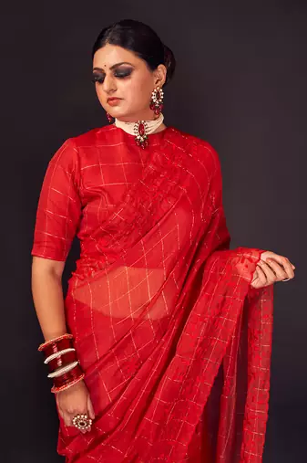 Red hand-embroidery checks silk saree