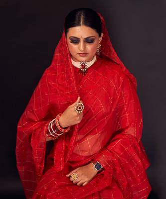 Red hand-embroidery checks silk saree 4