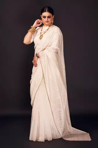 White checks chanderi silk saree
