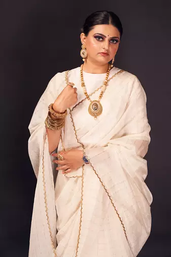 White checks chanderi silk saree